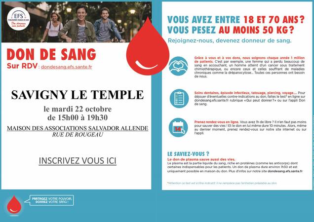 Affiche pour le don du sang du 22 octobre 2024