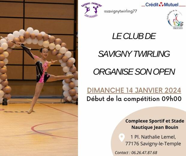 Affiche d'une competition open de l'association Savigny twirling bâton du 14 janvier 2024