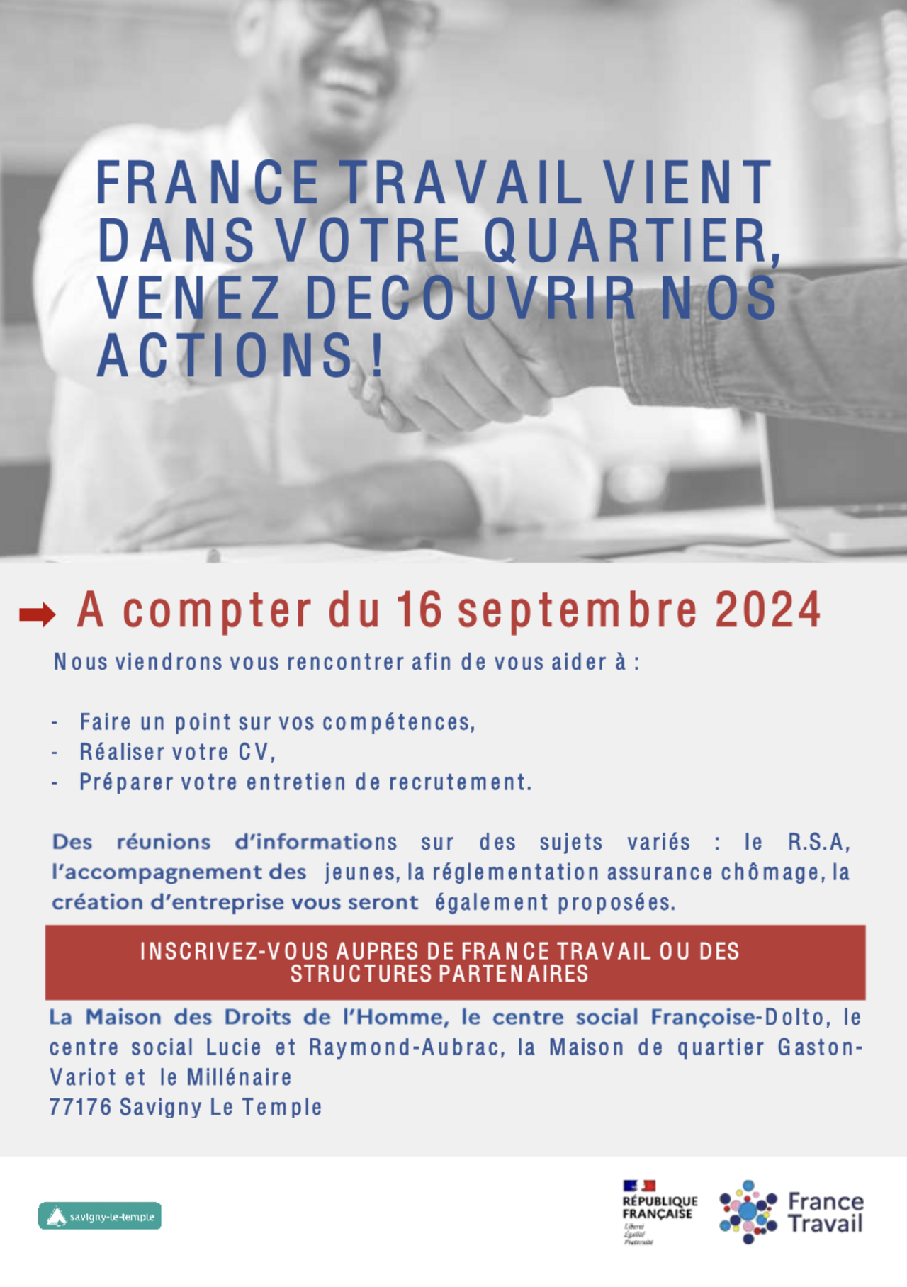 Affiche de France travail pour des rencontres à partir du 16 septembre 2024