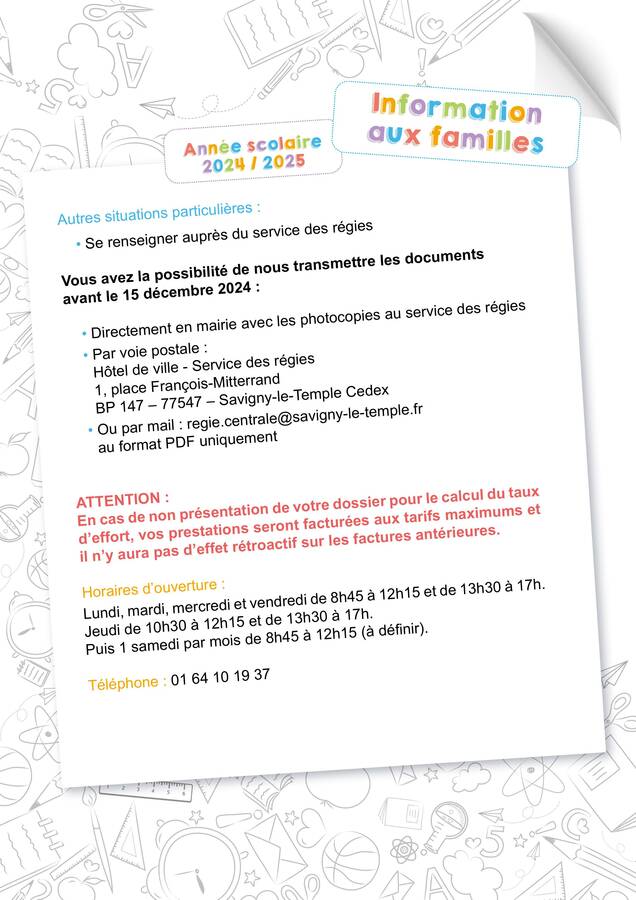 Information aux famille pour le taux d'effort