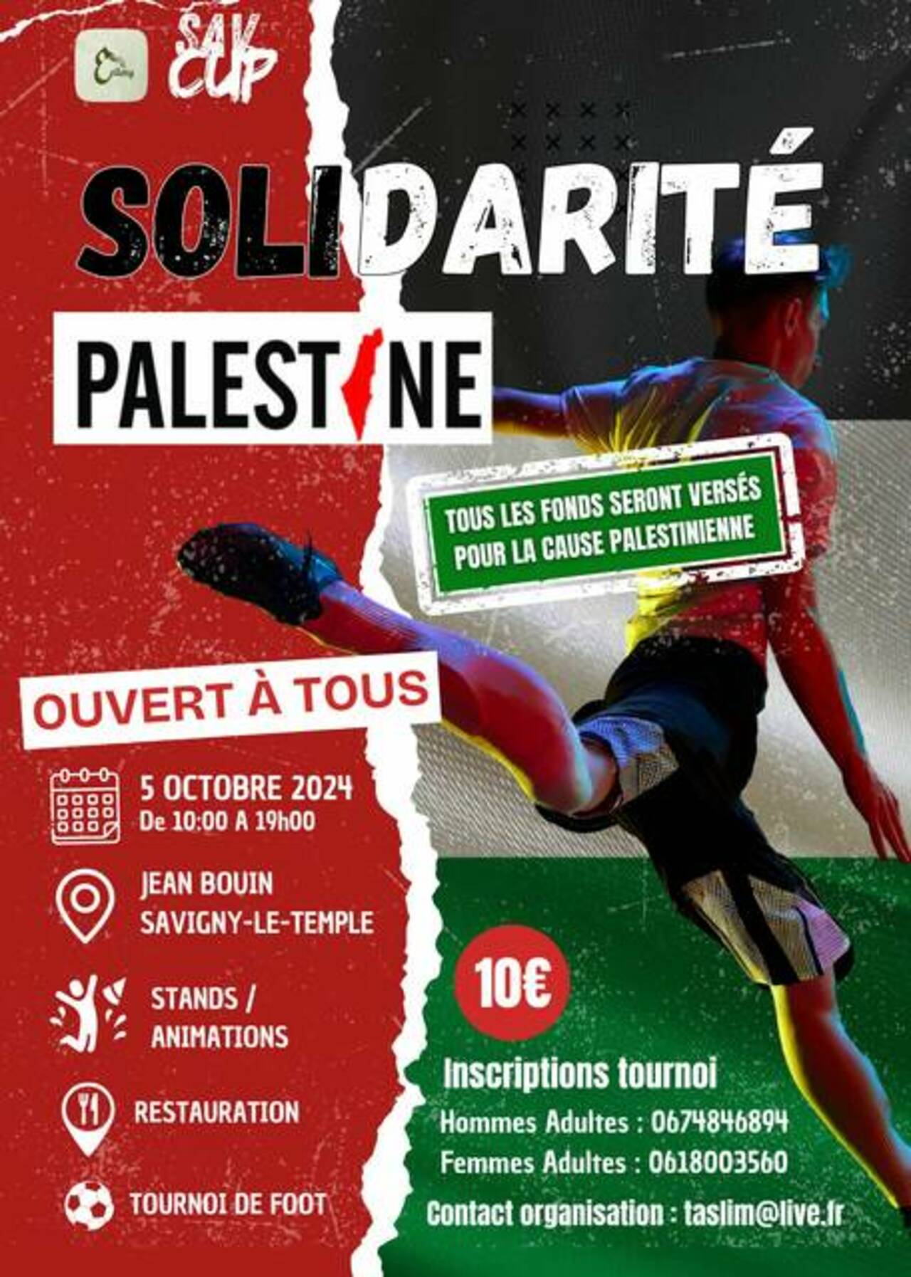 Affiche pour un turnoi de football solidarité Palestine du 5 octobre 2024