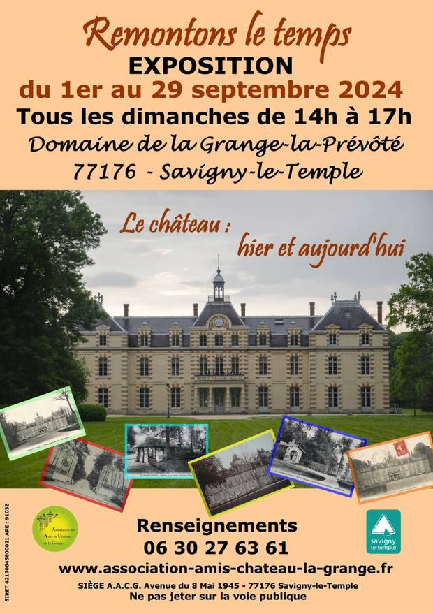 Affiche pour l'exposition "remontons le temps" du 1 au 29 septembre 2024 au domaine du château de la Grange-la Prévôté