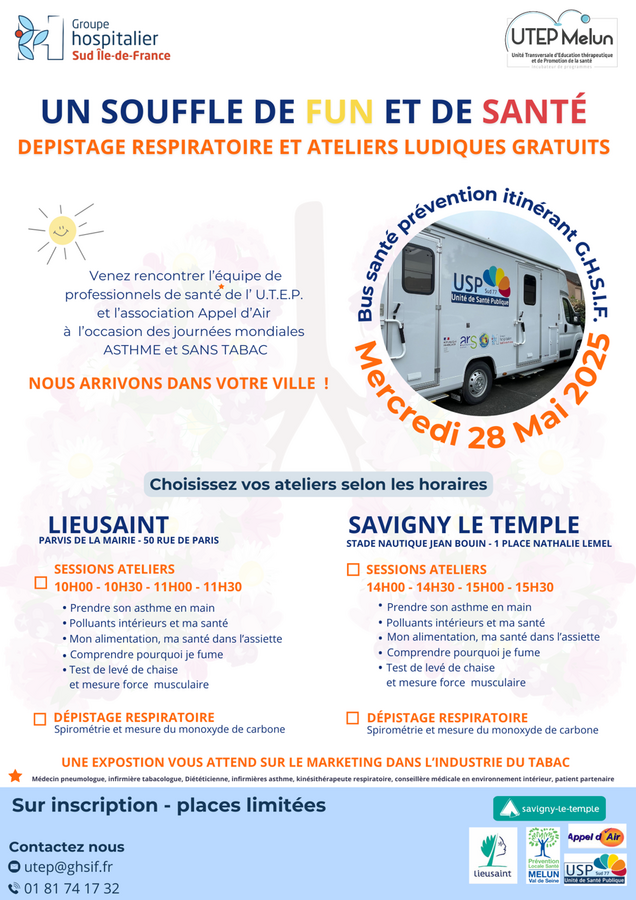 Affiche du dépistage respiratoire et ateliers ludiques du 28 mai au stade nautique Jean Bouin