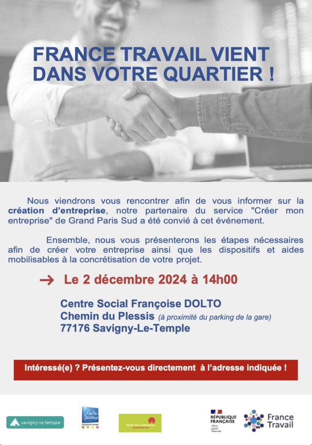 Affiche de France travail vient dans votre quartier le 2 décembre 2024