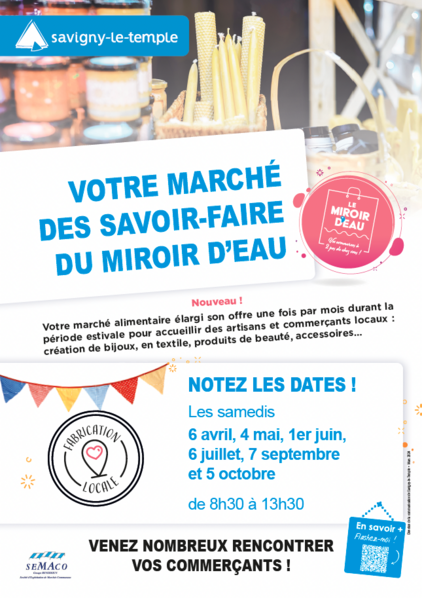 Affiche pour le marché des savoir-faire du miroir d'eau le 6 avril, 4 mai, 1 juin, 6 juillet, 7 septembre, 5 octobre 2024