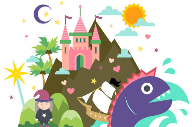 Illustration d'un château et personnages féerique