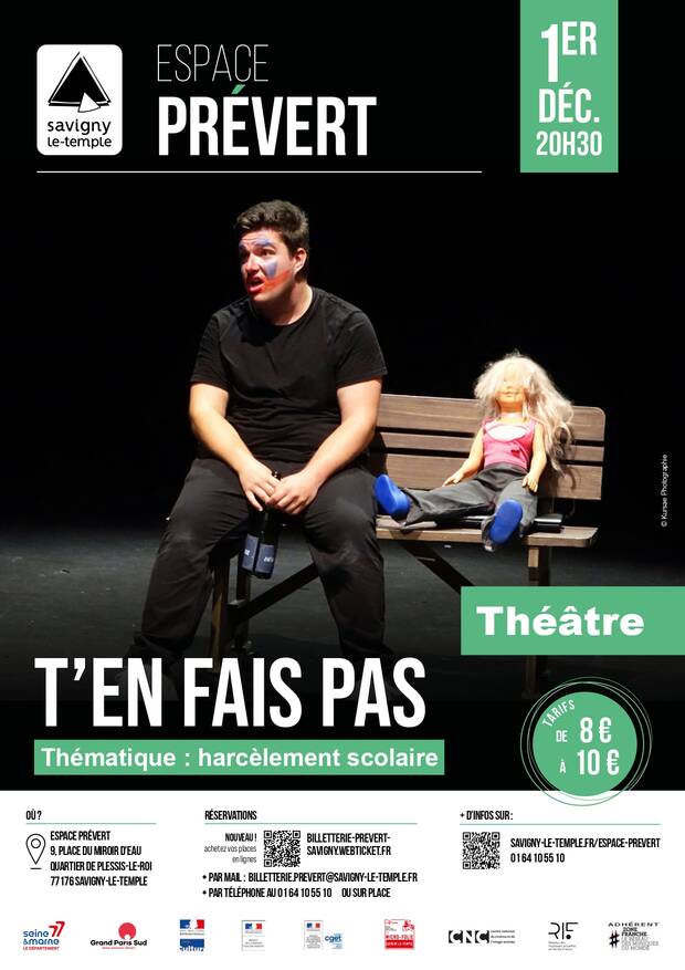 Affiche de la pièce de théâtre T'en fais pas du 1 er décembre à l'espace Prévert