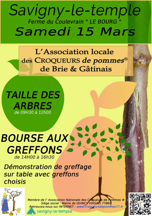 Affiche pour des ateliers de taille d'arbres et bours au greffons de l'association des croqueurs de pommes du 15 mars 2025