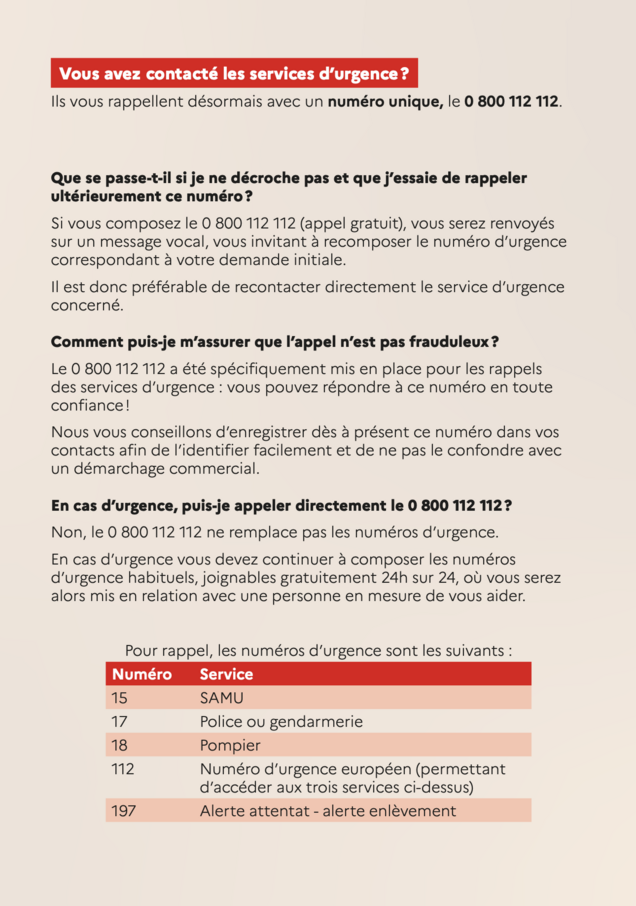 Affiche nouveau numéro d'urgence pour être contacté par les services d'urgence