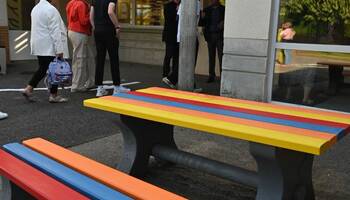 Photo de banc coloré dans la cours d'une école