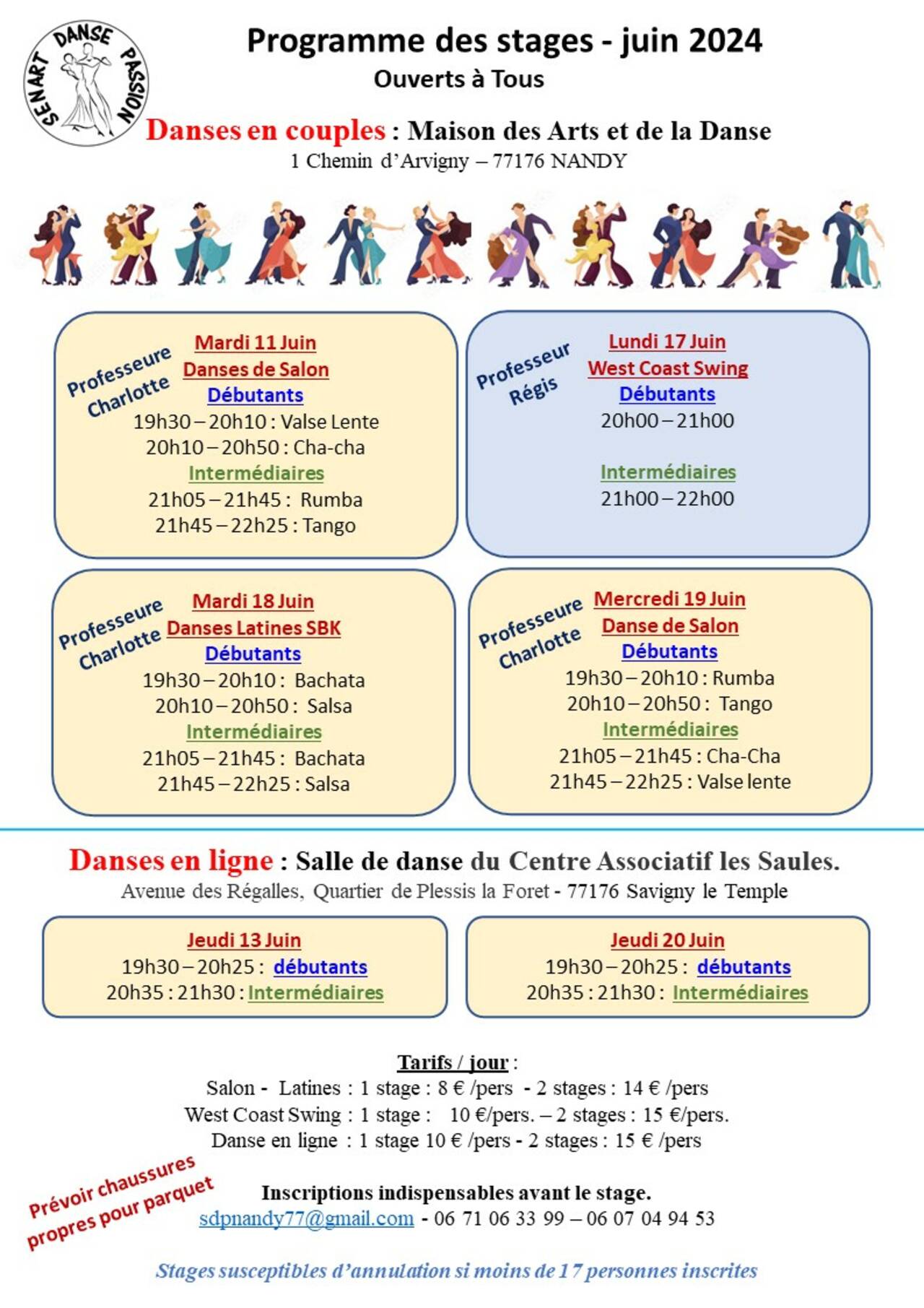 Affiche des programmes de stages de danse de l'association Sénart danse passion pour le mois de juin
