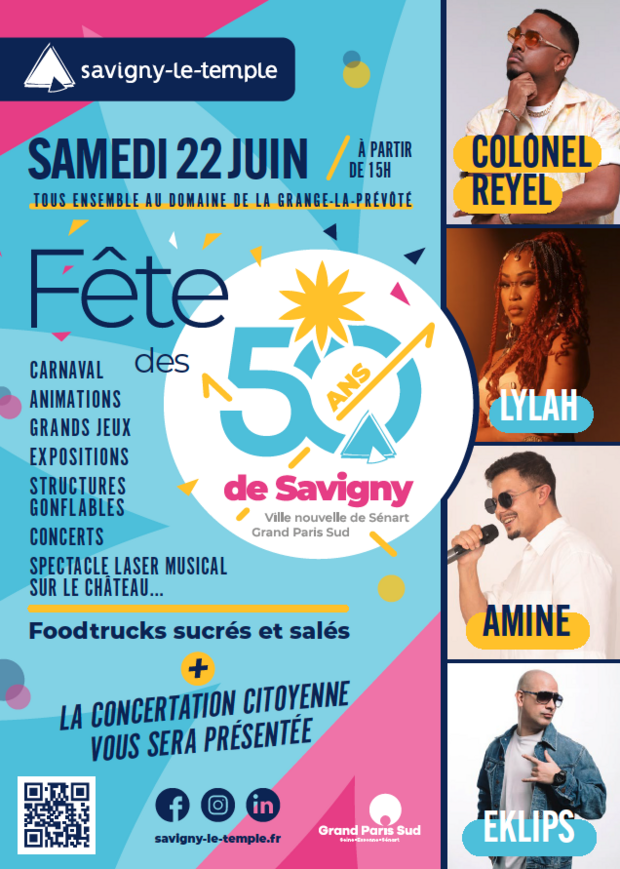 Affiche de la journée du samedi 22 juin 2024 pour la fête des 50 ans de Savigny