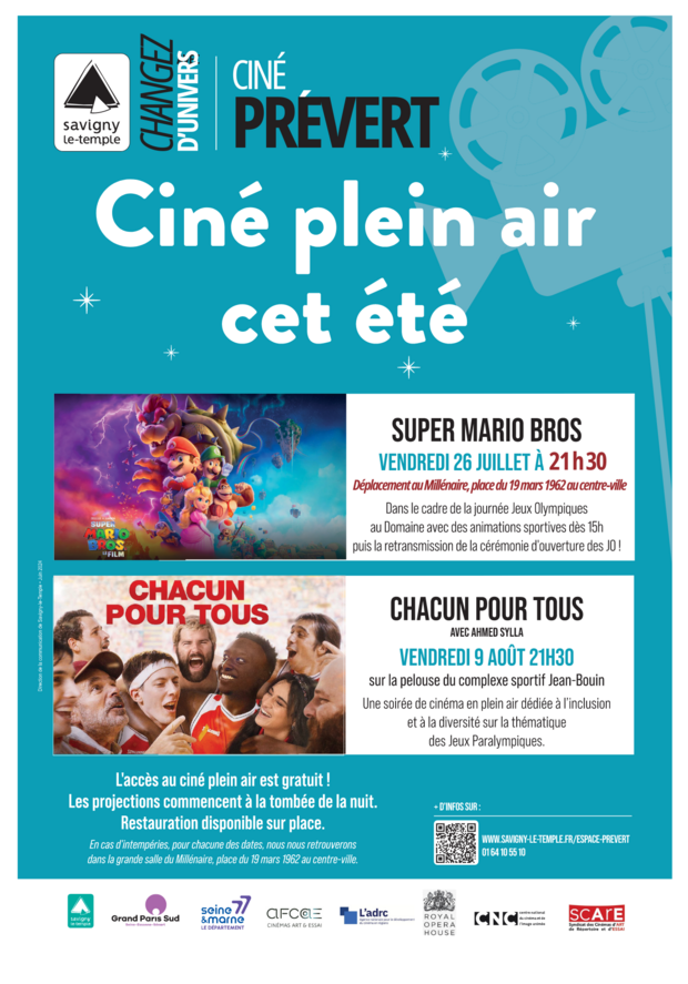 Affiche pour le ciné pleine air du film Super Mario Bross, 26 juillet 2024 et du film Chacun pour tous, 9 août 2024