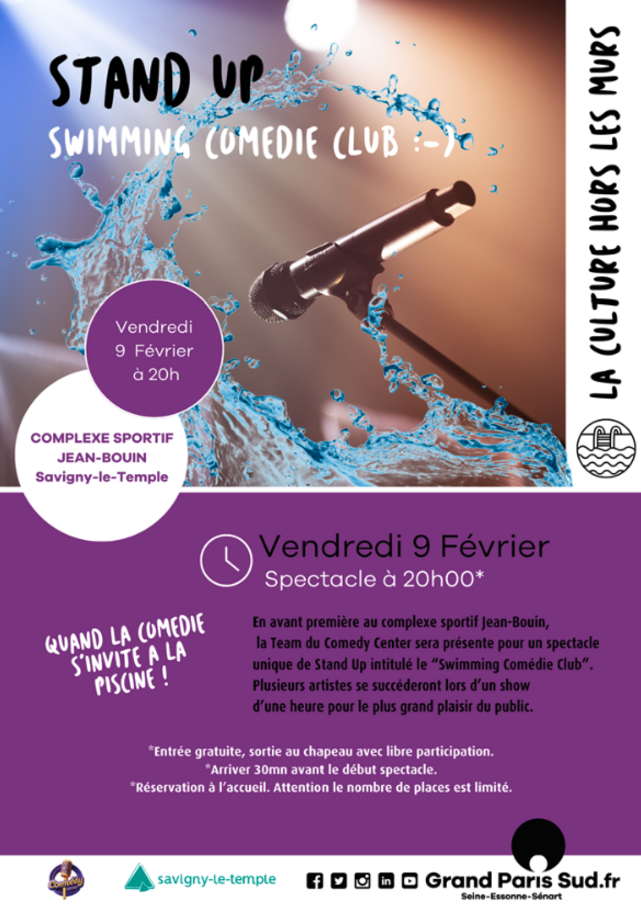 Affiche pour le spectacle de stand up swimming (comédie club) du 9 février 2024